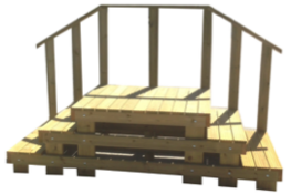Houten bordes met 3 treden en leuning. H 60 cm. B 90 cm